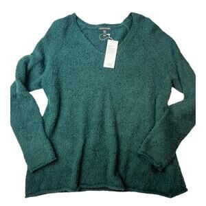 $278 Eileen Fisher Organic Cotton Eyelash V-Neck Sweater | Sz XS, Pine Green NEW